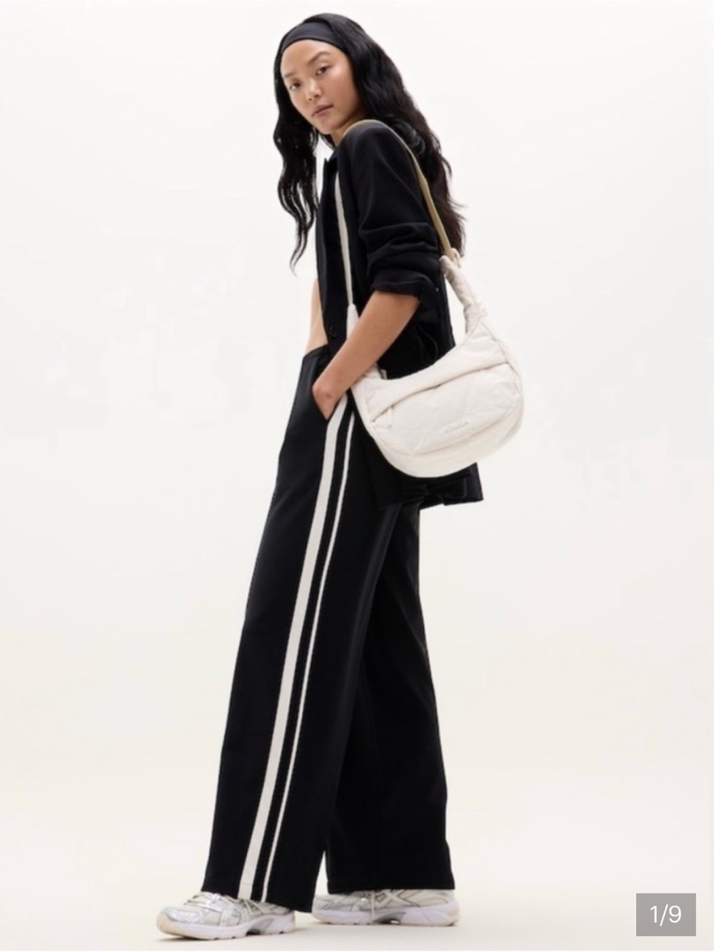 Athleta Black Wide-Leg Track Pants with White Side Stripes